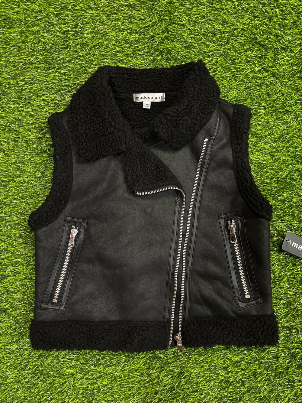 Madden Girl Black Faux Leather Shearling Moto Vest